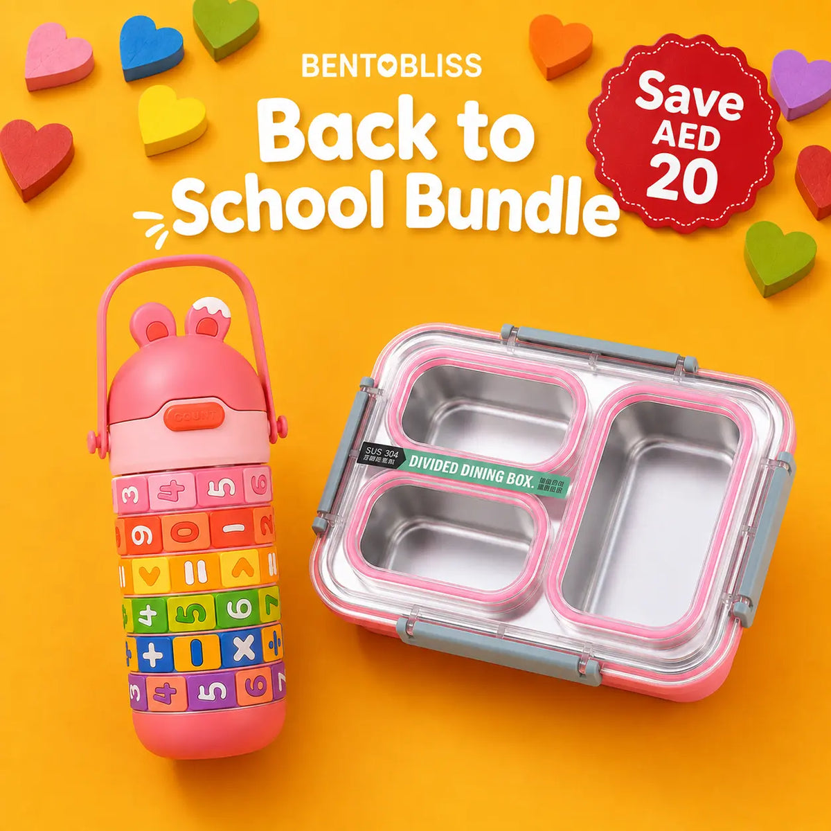 Pink School Kit, 3 compartment leakproof lunchbox and bottle bundle