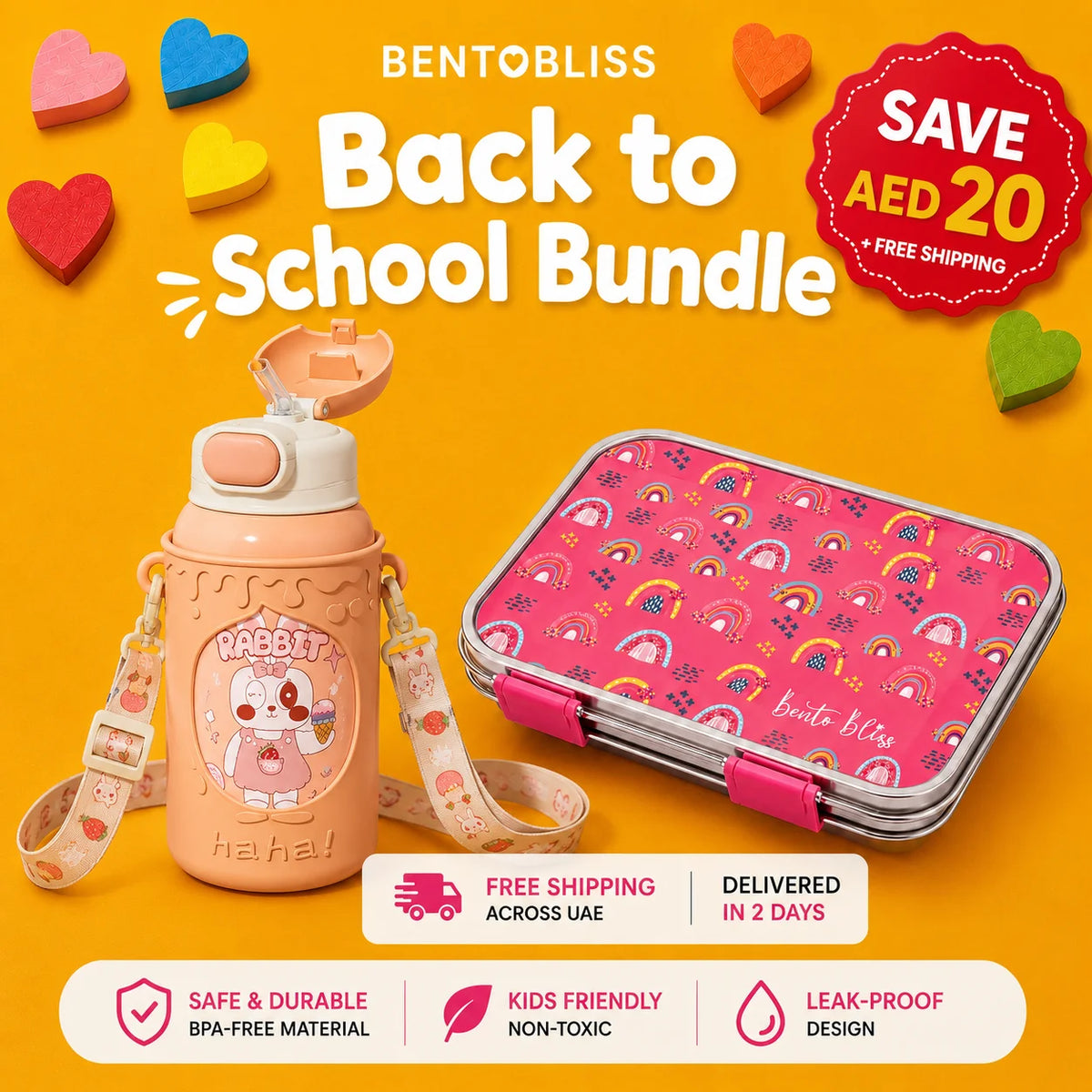 Pink Rainbow Dreamer bento box and Love Baby bottle bundle